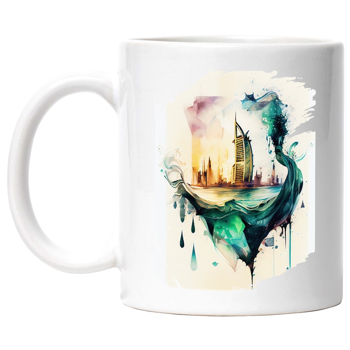 Cana Cu Pictura Priveliste Val Dubai, Apa Stralucitoare, Cladir Inalte, Vacanta, Calatorie, Negru, 330 ml, cu maner Alb