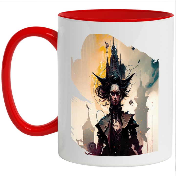 Cana Cu Pictura Femeie Razboinica Palarie Cu Cladiri Bizare, Big Bean, Lumea Poluata, Apocalipsa, Multicolor, 330 ml, cu maner Rosu