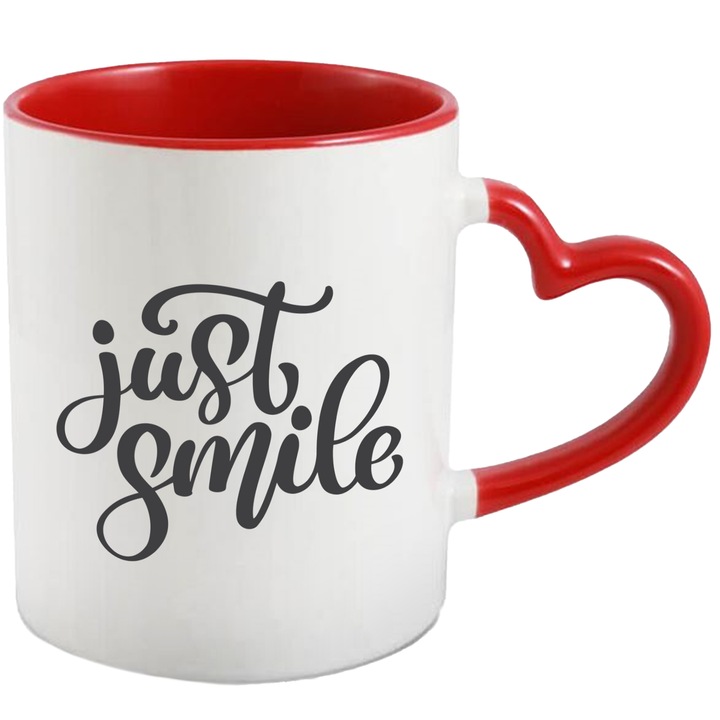 Cana Cu Mesaj Just Smile, Cadaou Persoanele Ce Au Trecut Prin Multe, Fericire, Negru, 330 ml, cu maner Inima Rosie