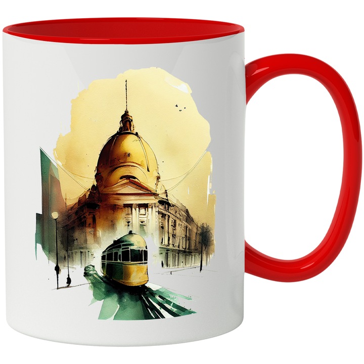 Cana Cu Pictura Abstracta, Strazile Din Bucuresti, Tramvai Vechi, Coltul Cladirii, Apus De Soare, Multicolor, 330 ml, cu maner Rosu