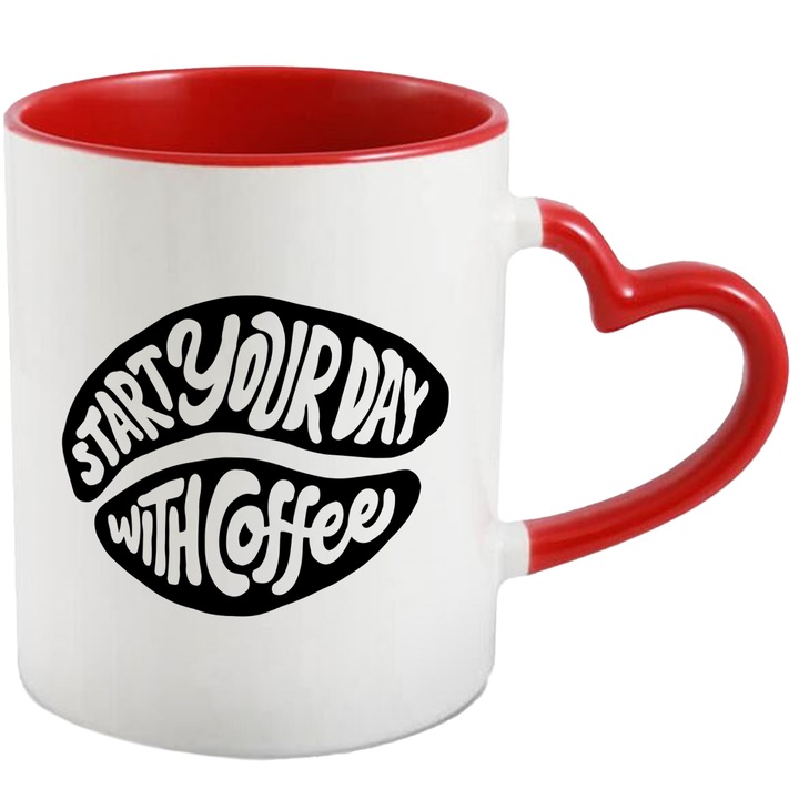 Cana Cu Mesaj Start Your Day With Coffee, Dimineata Rece, Iubitorii De Cafea, Negru, 330 ml, cu maner Inima Rosie