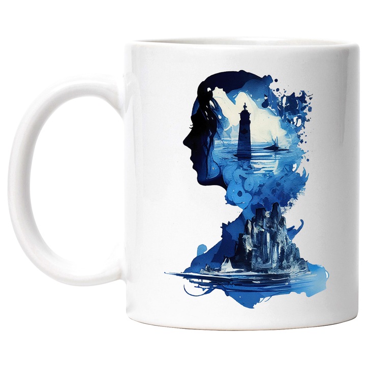 Cana Cu Pictura Curgatoare, Chip De Femei, Priveliste Iarna Far Stanca De Gheata, Greutatiile Femeii, Albastru, 330 ml, cu maner Alb