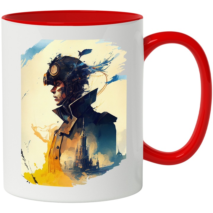 Cana Cu Pictura Femeie Razboinica, Haina Cu Cladiri Bizare, Castel, Lumea Poluata, Apocalipsa, Multicolor, 330 ml, cu maner Rosu