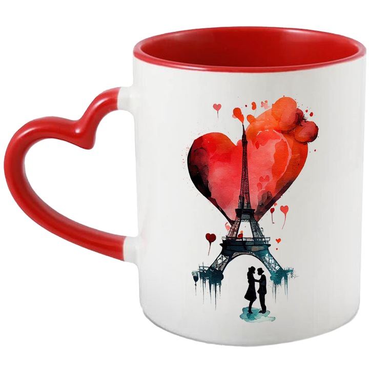 Cana Cu Pictura Indragostiti sub Turnul Eiffel, Balone Rosi In Forma De Inima, Paris, Orasul Indragostitilor, Valentine's Day, Multicolor, 330 ml, cu maner Inima Rosie