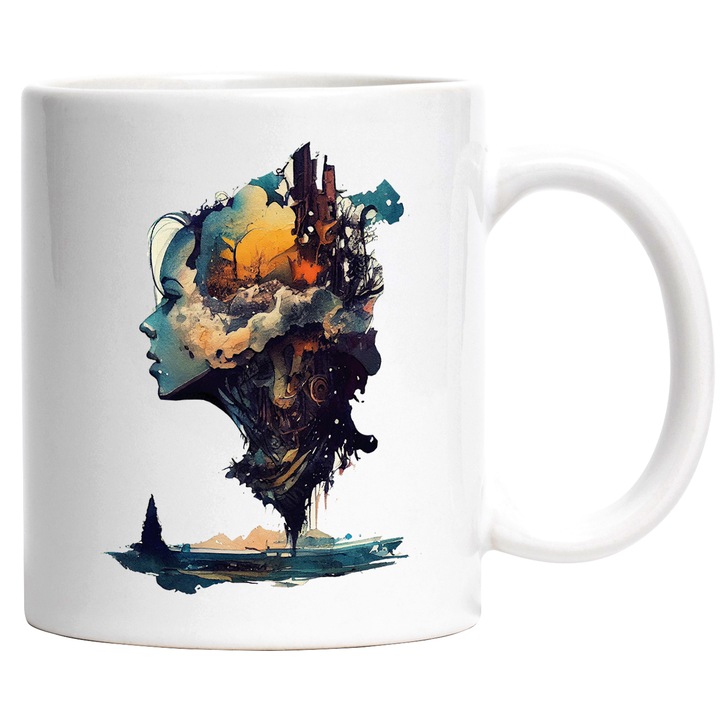 Cana Cu Pictura Abstract Chip Fata, Apa Stralucitoare, Lumea Poluata, Adevarul Omenirii, Negru, 330 ml, cu maner Alb