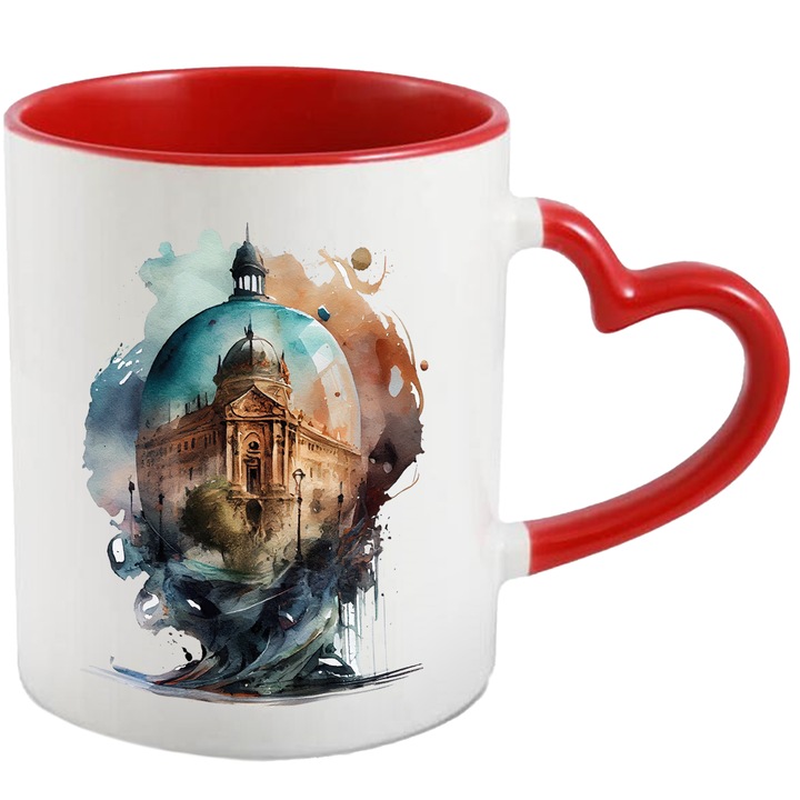 Cana Cu Design Absract, Sfera Di Sticla Cu O Cladire Inalta, In Centrul Vechi, Multicolor, 330 ml, cu maner Inima Rosie