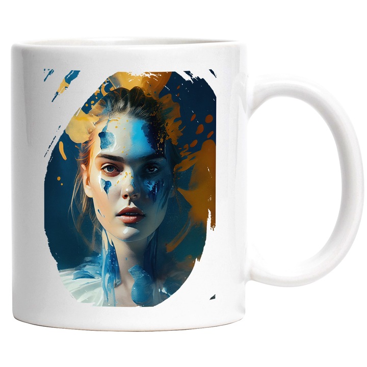 Cana Cu Pictura Chip Fata Pictata, Par Saten, Fata Palida, Multicolor, 330 ml, cu maner Alb