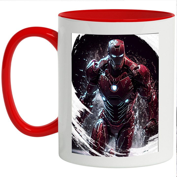 Cana Cu IronMan Iesind Din Apa, Super Erou, Marvel, Comics, SF, Multicolor, 330 ml, cu maner Rosu