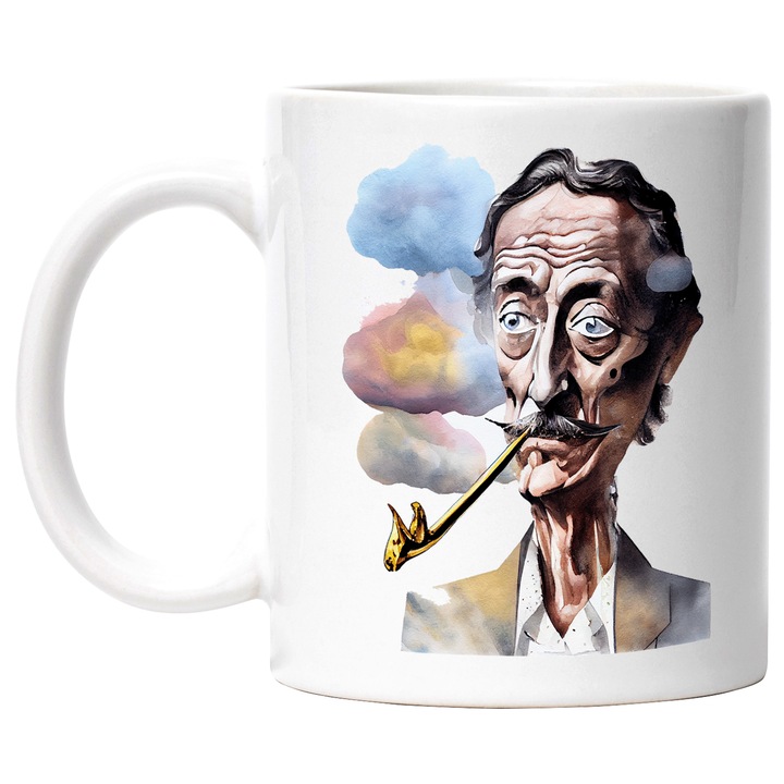 Cana Cu Portret Om Batran Cu Pipa, Mustata, Riduri In Frunte, Imbracat La Costum, Arta Abstracta, Multicolor, 330 ml, cu maner Alb