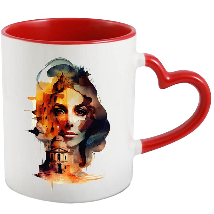 Cana Cu Portret Femeie Cladiri Inalte Contemporane, Influenta Turca, Multicolor, 330 ml, cu maner Inima Rosie