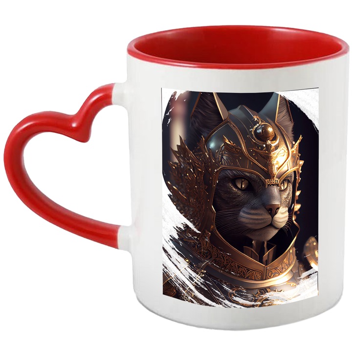 Cana Cu Portret Motan Razboinic, Armura De Aur, Iubitorii De Pisici, Sf, Desene Animate, Multicolor 330 ml, cu maner Inima Rosie