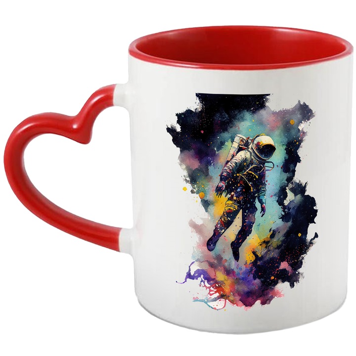 Cana Cu Pictura Astronaut In Spatiu, Iubitorii De Astronomie, Univers Infinit, Cer Colorat, Multicolor, 330 ml, cu maner Inima Rosie