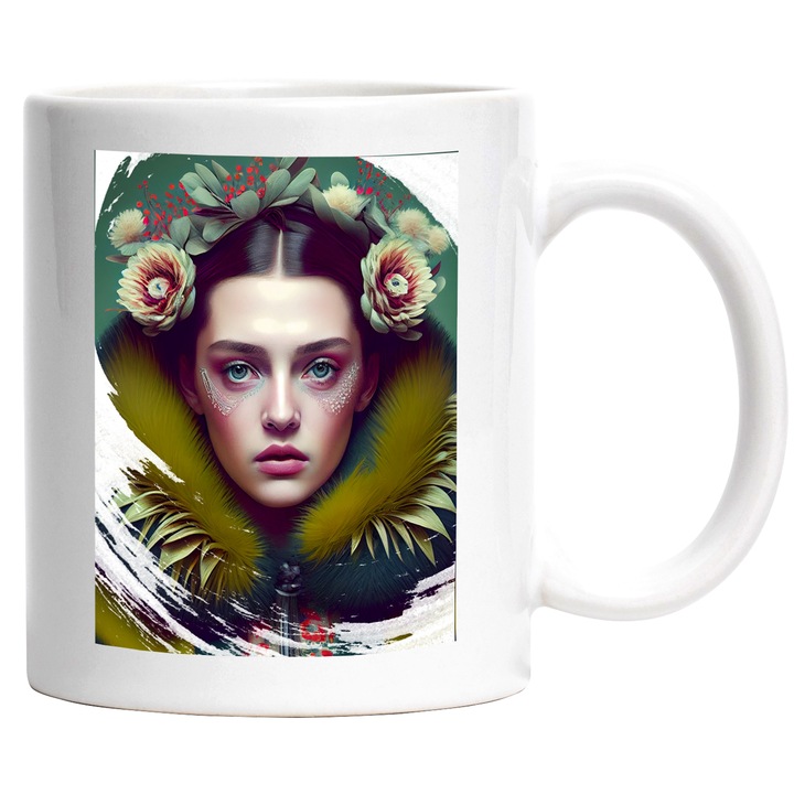 Cana Portret Femeie Haina De Blana Verde, Flori Verzi Pe Cap, Par Brunet, Ochii Albastri, Multicolor 330 ml, cu maner Alb