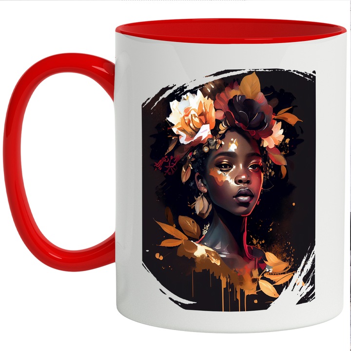 Cana Cu Portret Femeie Din Triburi Africane, Flori Galbene In Par, Frumusetea Naturala, Multicolor, 330 ml, cu maner Rosu