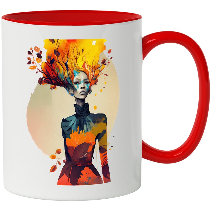 Cana Cu Portret Zeita Taomnei, Par Acoperit Cu frunze, Tinuta Bizara, Tablou De Toamna, SF, Multicolor, 330 ml, cu maner Rosu