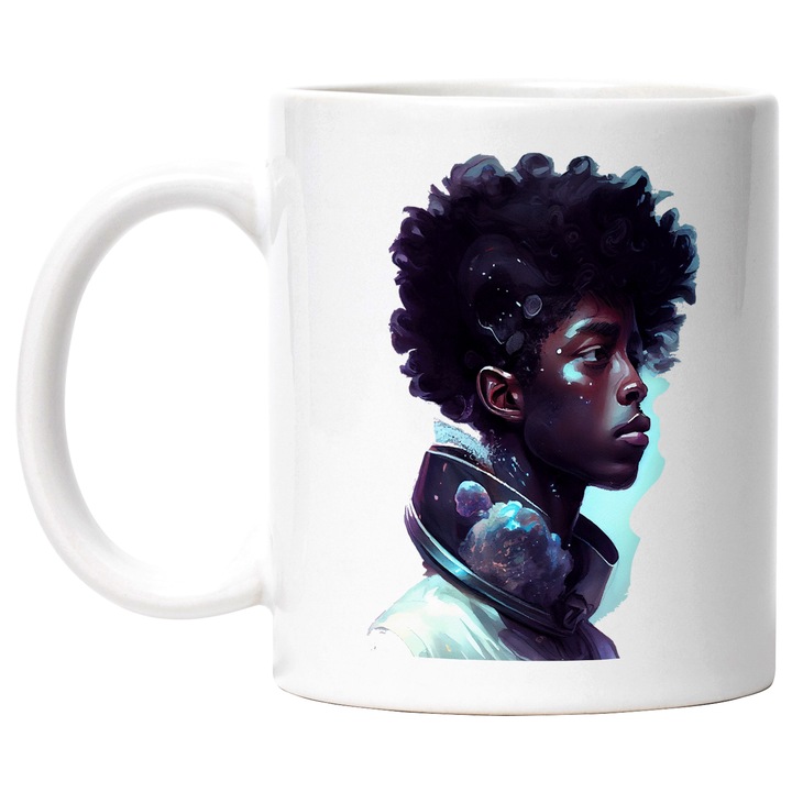 Cana Cu Portret Baiat Cu Par Cret, Frumusetea Naturala, Multicolor, 330 ml, cu maner Alb