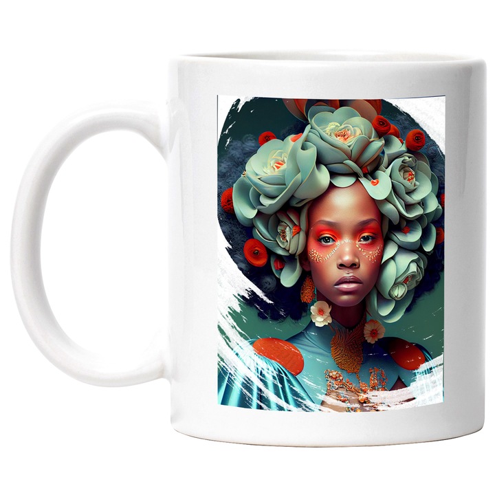 Cana Cu Portret Printesa Carnavalului, Bandana De Flori Albastre, Make Up Portocaliu, Tinuta Bizara, Multicolor 330 ml, cu maner Alb