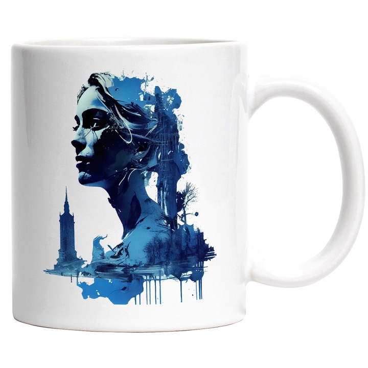 Cana Cu Portret Stil Fata Invingatoare Inghetat, Turn Inalt, Minte Luminata, Multicolor, 330 ml, cu maner Alb