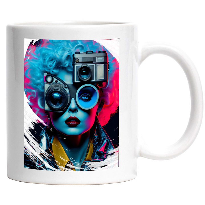 Cana Cu Portret Regina Carnavalului, Ochelarii Din Aparate Foto, Vintige, Lumini Studio Albastru Rosu, Buze Rosii, Multicolor 330 ml, cu maner Alb