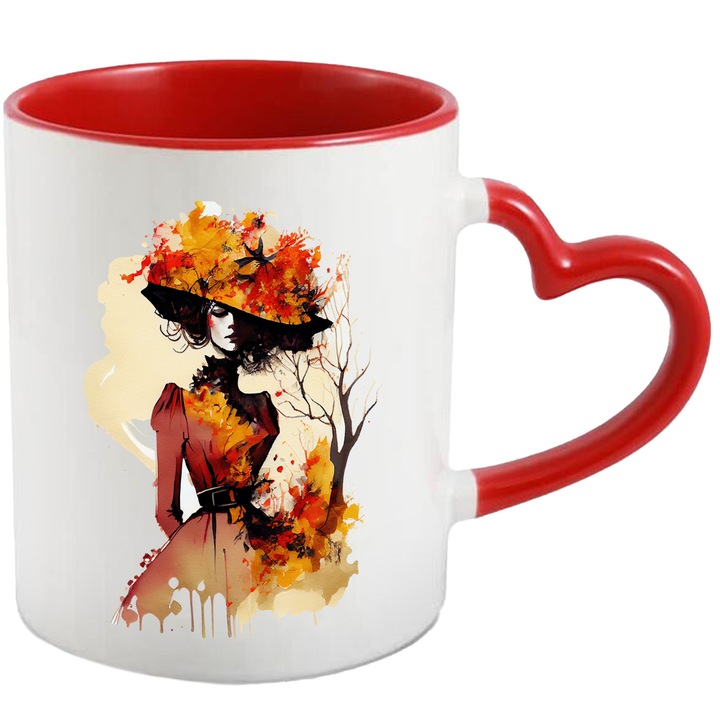 Cana Cu Portret Zeita Taomnei, Palarie Acoperita Cu frunze, Tablou De Toamna, SF, Multicolor, 330 ml, cu maner Inima Rosie