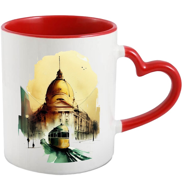 Cana Cu Pictura Abstracta, Strazile Din Bucuresti, Tramvai Vechi, Coltul Cladirii, Apus De Soare, Multicolor, 330 ml, cu maner Inima Rosie