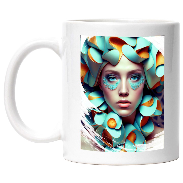 Cana Cu Portret Fata Palarie Bizara Albastra, Make Up Albastru, Ochii Albastri, Multicolor 330 ml, cu maner Alb