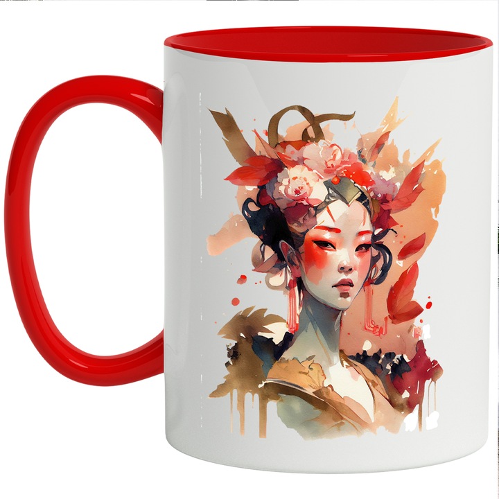 Cana Cu Portret Zeita Frumusetii Asiatice, Costum Traditional, Iubitorii De Anime, Multicolor, 330 ml, cu maner Rosu
