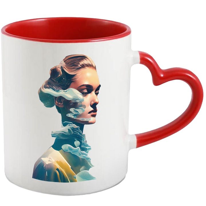 Cana Cu Pictura Chip Fata Nori Munti, Par Blond, Fata Palida, Arta Abstracta, Multicolor, 330 ml, cu maner Inima Rosie