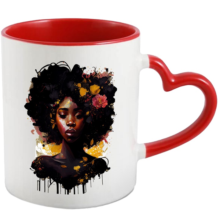 Cana Cu Portret Zeita Cu Florilor In Parul Cret, Triburi Africane, Frumusetea Naturala, Multicolor, 330 ml, cu maner Inima Rosie