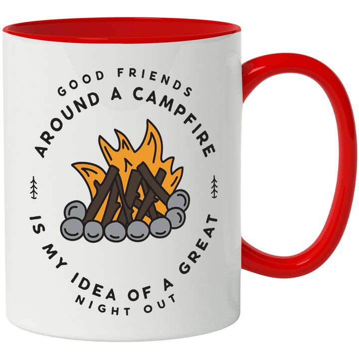 Cana Cu Mesajul Good Friends Around Campfire Is My Idea Of A Great Night Out, Tabara, Iubitorii De Camping, Negru, 330 ml, cu maner Rosu
