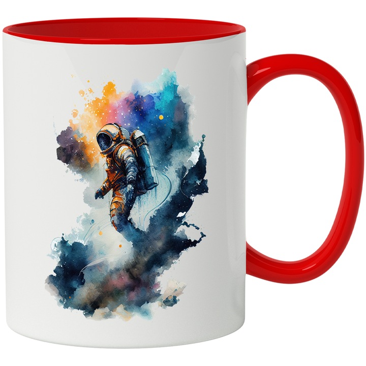 Cana Cu Pictura Astronaut In Spatiu, Iubitorii De Astronomie, Cer Colorat, Multicolor, 330 ml, cu maner Rosu