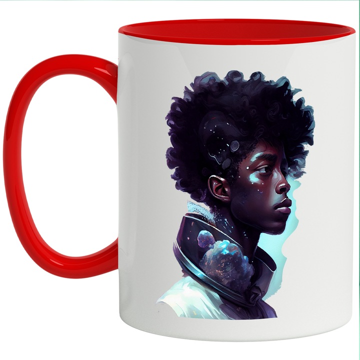 Cana Cu Portret Baiat Cu Par Cret, Frumusetea Naturala, Multicolor, 330 ml, cu maner Rosu