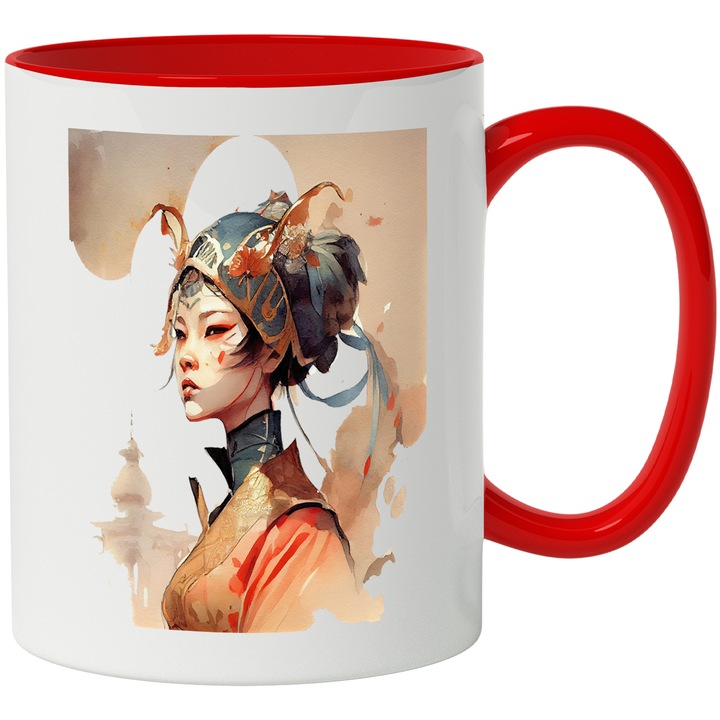 Cana Cu Portret Razboinica Asiatica, Costum Traditional Asiatic, Iubitorii De Anime, Multicolor, 330 ml, cu maner Rosu