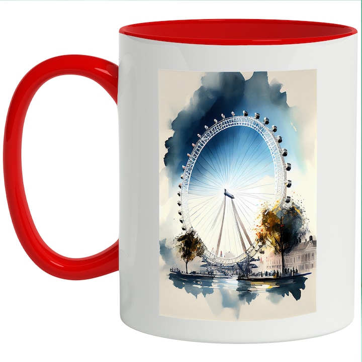 Cana Cu Peisaj London Eye, Atractii Turistice, Londra, Familia Regala, Vacanta, Multicolor 330 ml, cu maner Rosu