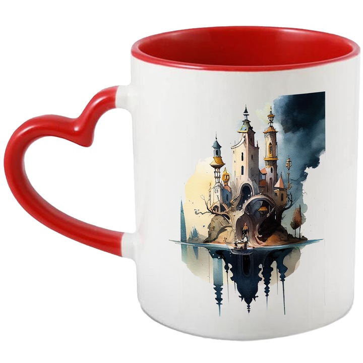 Cana Cu Priveliste Malul Priveliste Reflectata Castel Cu Turnuri Stil Ciuperca, Caricatura, Desene Cu Printese, Copii, Multicolor, 330 ml, cu maner Inima Rosie