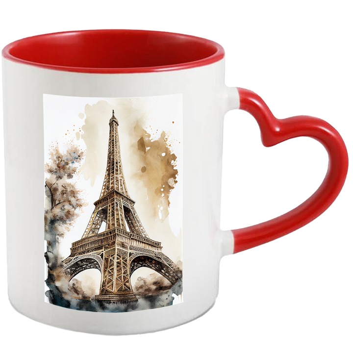 Cana Cu Peisaj Turnul Eiffel, Paris, Orasul Iubirii, Calatorii, Vacanta, Multicolor 330 ml, cu maner Inima Rosie