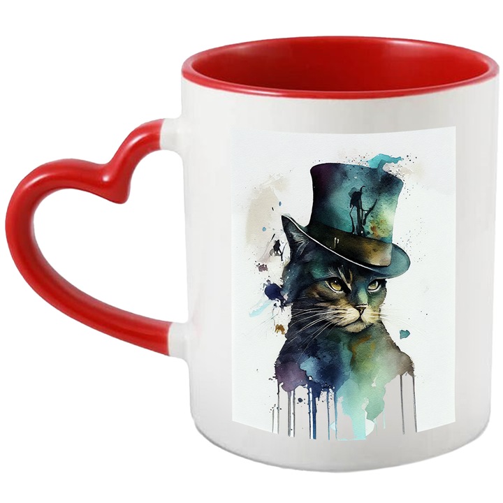 Cana Cu Pictura Curgatoare Motan Palarie Chic, Desene Animate, Iubitorii De Pisici, Multicolor, 330 ml, cu maner Inima Rosie