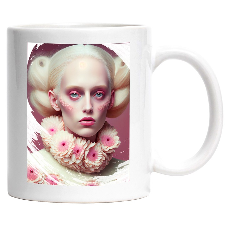 Cana Cu Portret Fata Colier Flori Roz, Make Up Roz, Ochii Albastri, Par Bond, Palida, Multicolor 330 ml, cu maner Alb