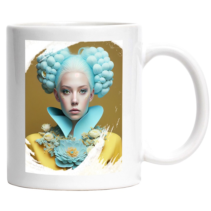 Cana Cu Portret Fata Albastra, Tinuta Cu Guler Albastru, Palida, Regina Carnavalului, Multicolor 330 ml, cu maner Alb