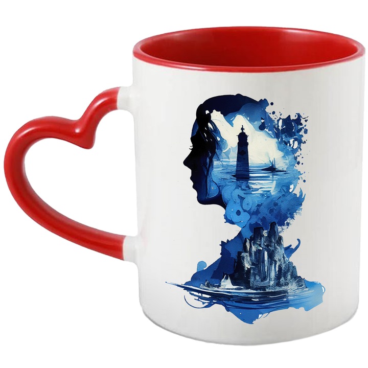 Cana Cu Pictura Curgatoare, Chip De Femei, Priveliste Iarna Far Stanca De Gheata, Greutatiile Femeii, Albastru, 330 ml, cu maner Inima Rosie