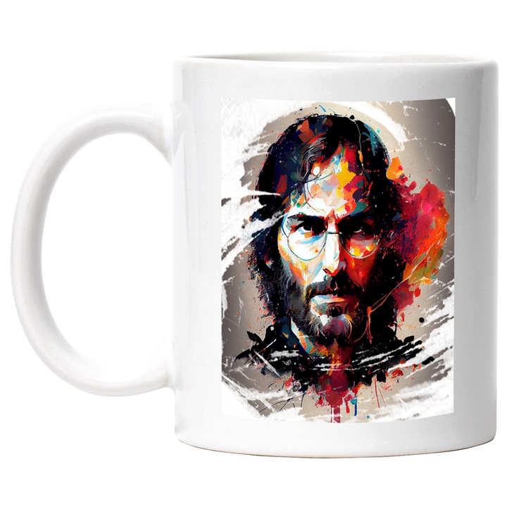 Cana Cu Portret Steave Jobs Tanar, Par Lung Brunet, Ochelari Rotunzi, Minti Stralucite, Multicolor 330 ml, cu maner Alb