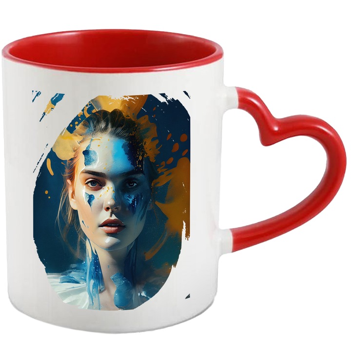 Cana Cu Pictura Chip Fata Pictata, Par Saten, Fata Palida, Multicolor, 330 ml, cu maner Inima Rosie