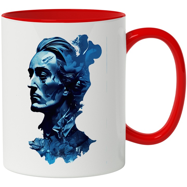 Cana Cu Portret Stil Mihai Eminescu Inghetati, Poetul Iubirii, Minte Luminata, Multicolor, 330 ml, cu maner Rosu