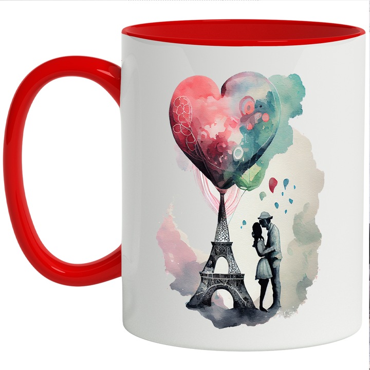 Cana Cu Mesaj Romantic Simply Loved, Simplu Iubit, Dragobete, Partener, Negru, Roz, 330 ml, cu maner Rosu