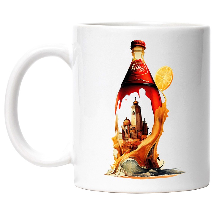Cana Cu Pictura Sticla Sil Coca Cola, Priveliste Turnuri Stil Ciuperca, Valurile Marii, Multicolor, 330 ml, cu maner Alb