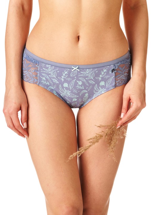 Set 2 buc de Slip de dama cu imprimeu floral si dantela laterala, Key, Bumbac, Albastru/Gri, L