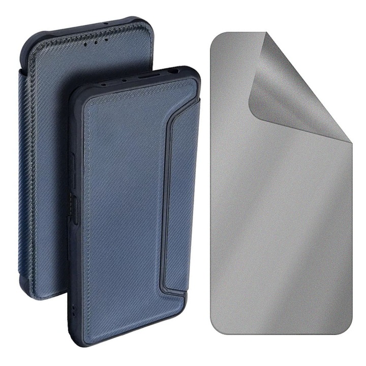 Set Husa Flip Anti-soc si Folie Hydrogel Privacy Matte compatibila cu Samsung Galaxy A03, Inchidere Magnetica, Anti-spy, Hydrogel Regenerabil, Insertie Carbon, Design Meticulos si Unic, Albastru