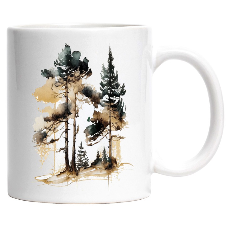 Cana Cu Pictura Curgatoare, Copaci Inalti, Padure Verde, Iubitorii De Aventura, Frumusetea Naturii, Multicolor, 330 ml, cu maner Alb