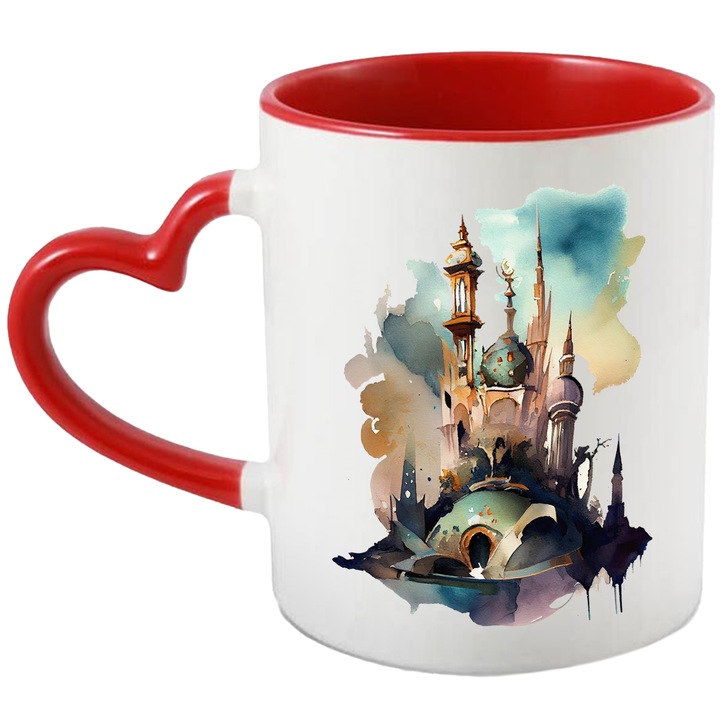 Cana Cu Priveliste Castel Cu Turnuri Stil Ciuperca, Caricatura, Desene Cu Printese, Copii, Multicolor, 330 ml, cu maner Inima Rosie