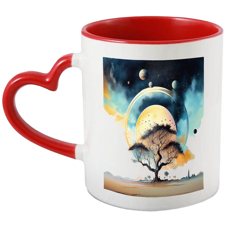 Cana Cu Priveliste Bizara Pom In Stralucirea Soarelui, Planete Pe Cer, Iubitorii De Astronomie, Multicolor, 330 ml, cu maner Inima Rosie